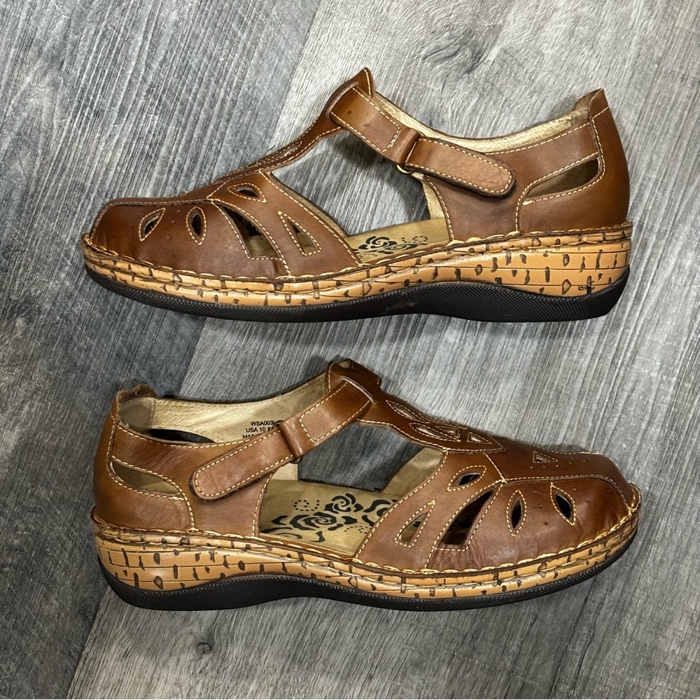Propét, Women's Jenna Closed Toe Sandals Brown Leather, Sz 10x (2E), EUC